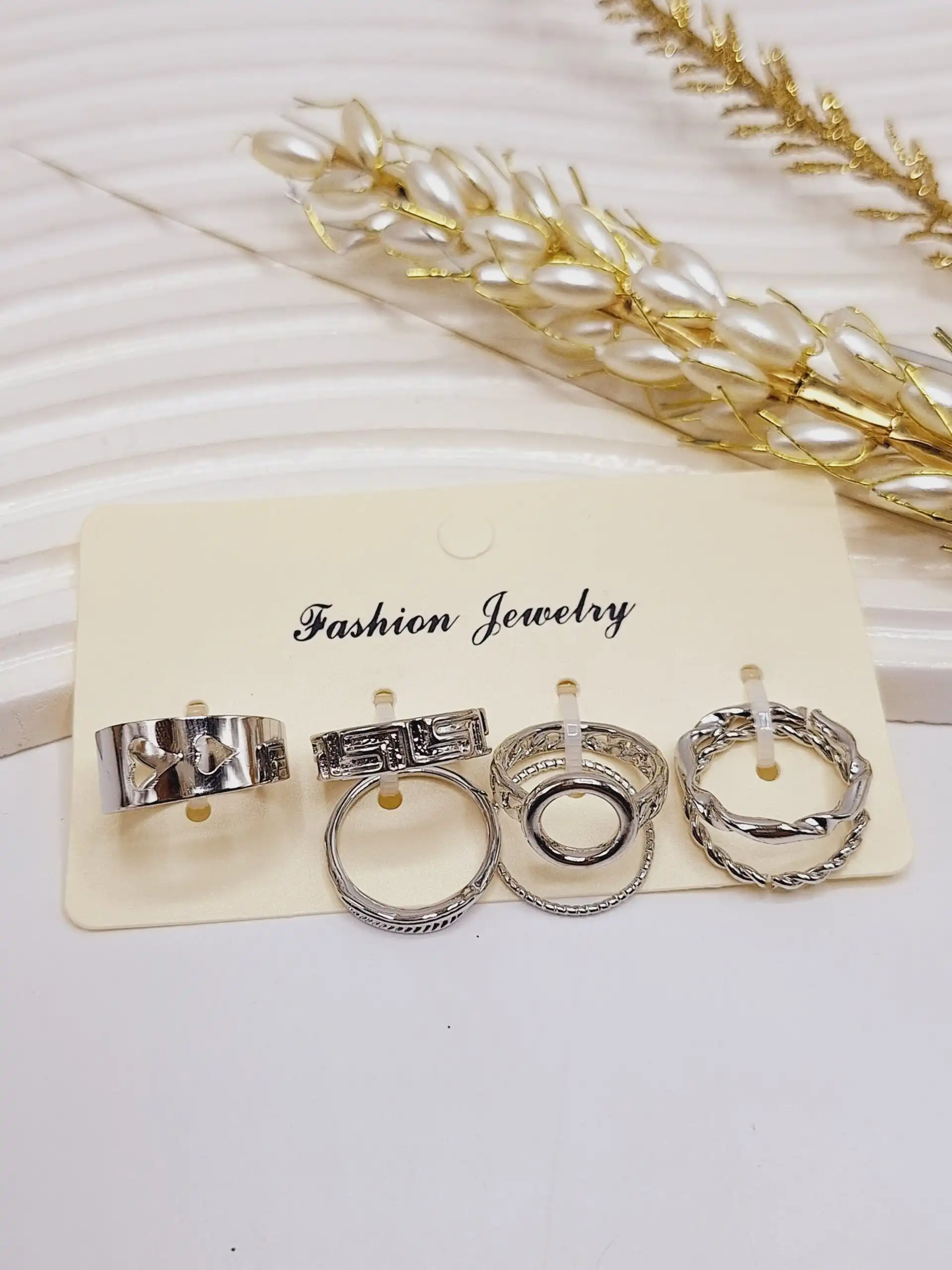 پک انگشتر Fashion Jewelry رنگ نقره ای آبکاری رادیوم (طرح دوم)